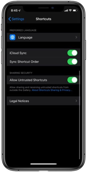Permitir accesos directos no fiables en iOS 13
