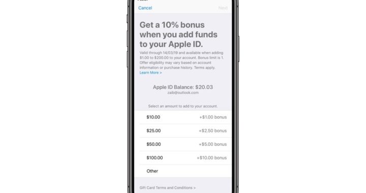 Apple ofrece de nuevo un bono del 10% por añadir fondos al ID de Apple