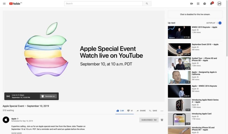 Apple para Livestream evento de iPhone 11 en YouTube