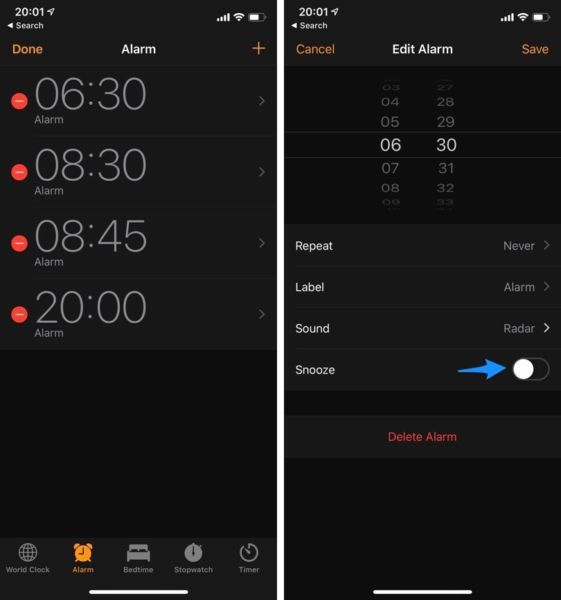 Cómo desactivar la alarma de repetición de alarma en la aplicación de reloj de iPhone