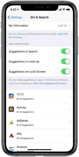 Cómo desactivar las sugerencias de Siri para buscar, mirar hacia arriba, bloquear la pantalla y aplicaciones particulares