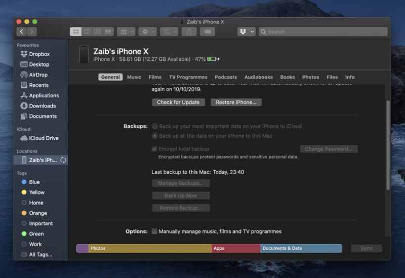 Cómo hacer una copia de seguridad del iPhone o iPad al Finder en macOS Catalina