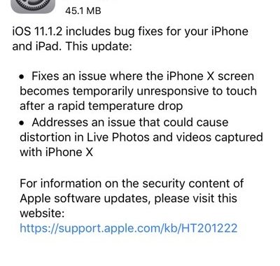 iOS 11.1.2 Lanzamiento para todos los iPhones, iPad e iPod touch