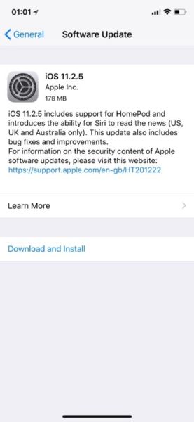 iOS 11.2.5 Con soporte para HomePod y corrección de errores[Enlaces de descarga IPSW]