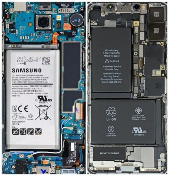 La imagen compara al feo Samsung con los hermosos internos del iPhone X