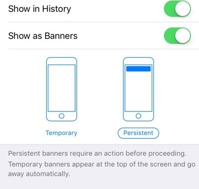 La opción persistente de iOS 11 mantendrá las alertas de banner mostradas hasta que interactúes con ellas.