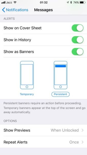 La opción persistente de iOS 11 mantendrá las alertas de banner mostradas hasta que interactúes con ellas.