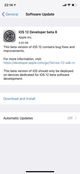 Lanzamiento de iOS 12 Developer Beta 8