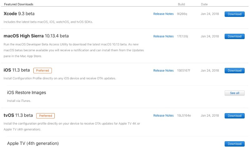 Lanzamiento de las primeras Betas de desarrollador para iOS 11.3, macOS High Sierra 10.3.4 y tvOS 11.3