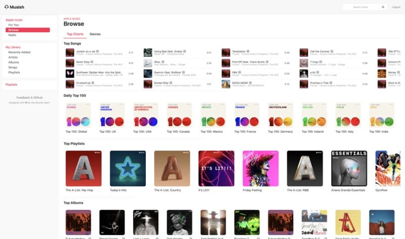 Musish es un sitio web bien diseñado para escuchar música de Apple en línea