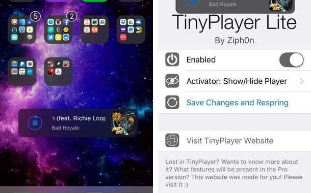 TinyPlayer Lite tweak añade un widget musical a iOS