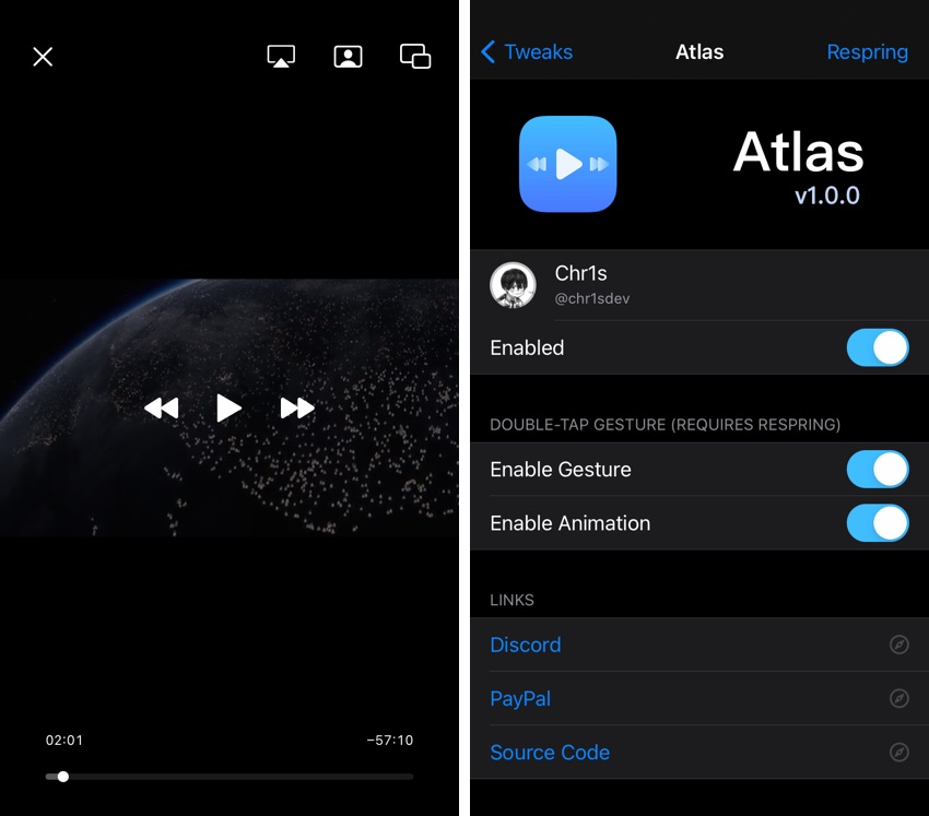 Atlas Tweak sustituye el reproductor de vídeo por defecto del iPhone por una interfaz minimalista